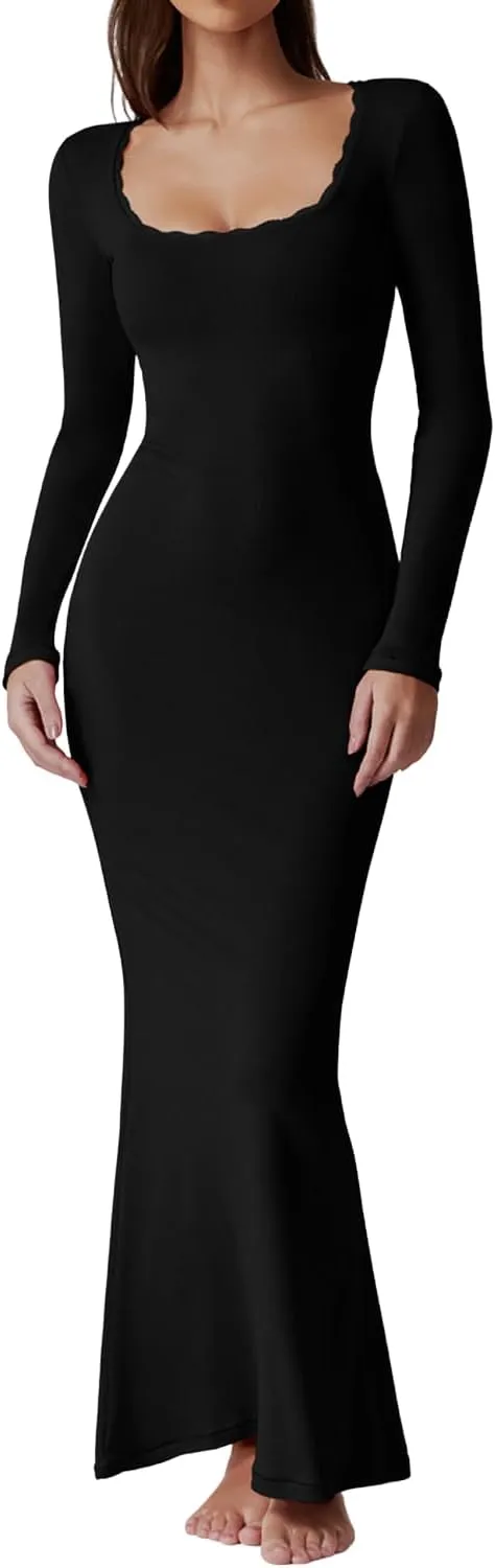QINSEN Women's Ribbed Knit Long Sleeve Scoop Neck Maxi Dress with Lace Details Bodycon Dress