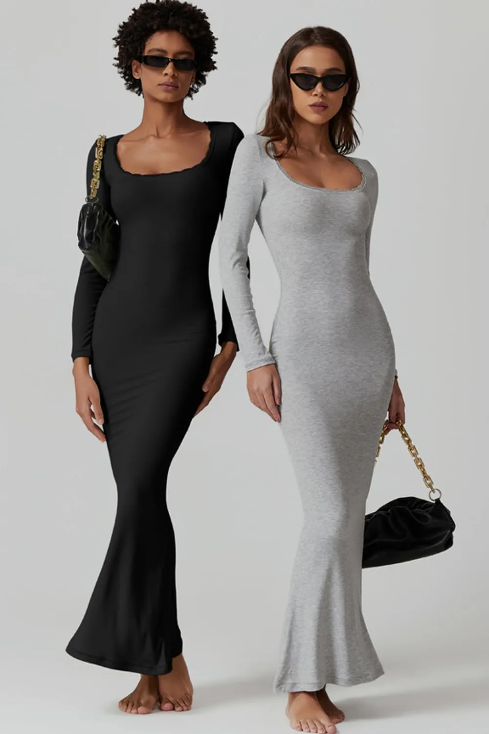 QINSEN Women's Ribbed Knit Long Sleeve Scoop Neck Maxi Dress with Lace Details Bodycon Dress