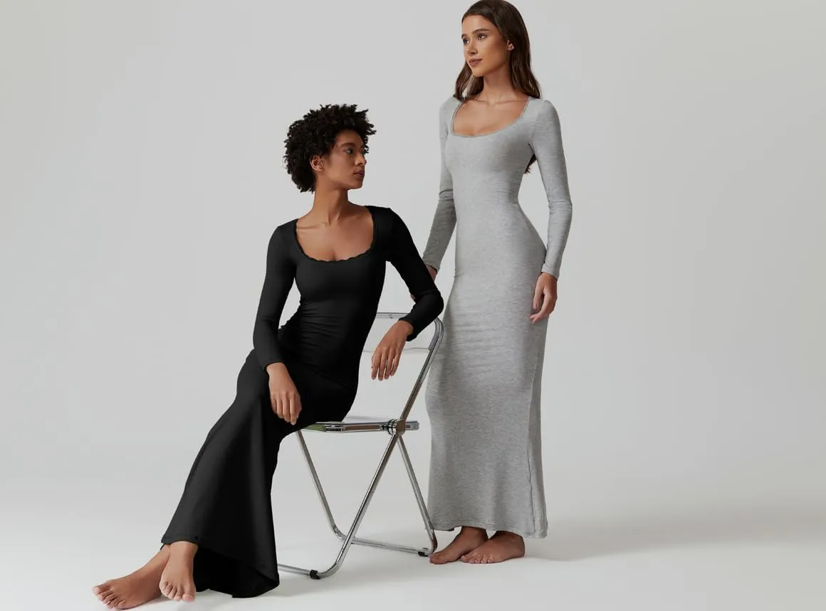 QINSEN Women's Ribbed Knit Long Sleeve Scoop Neck Maxi Dress with Lace Details Bodycon Dress