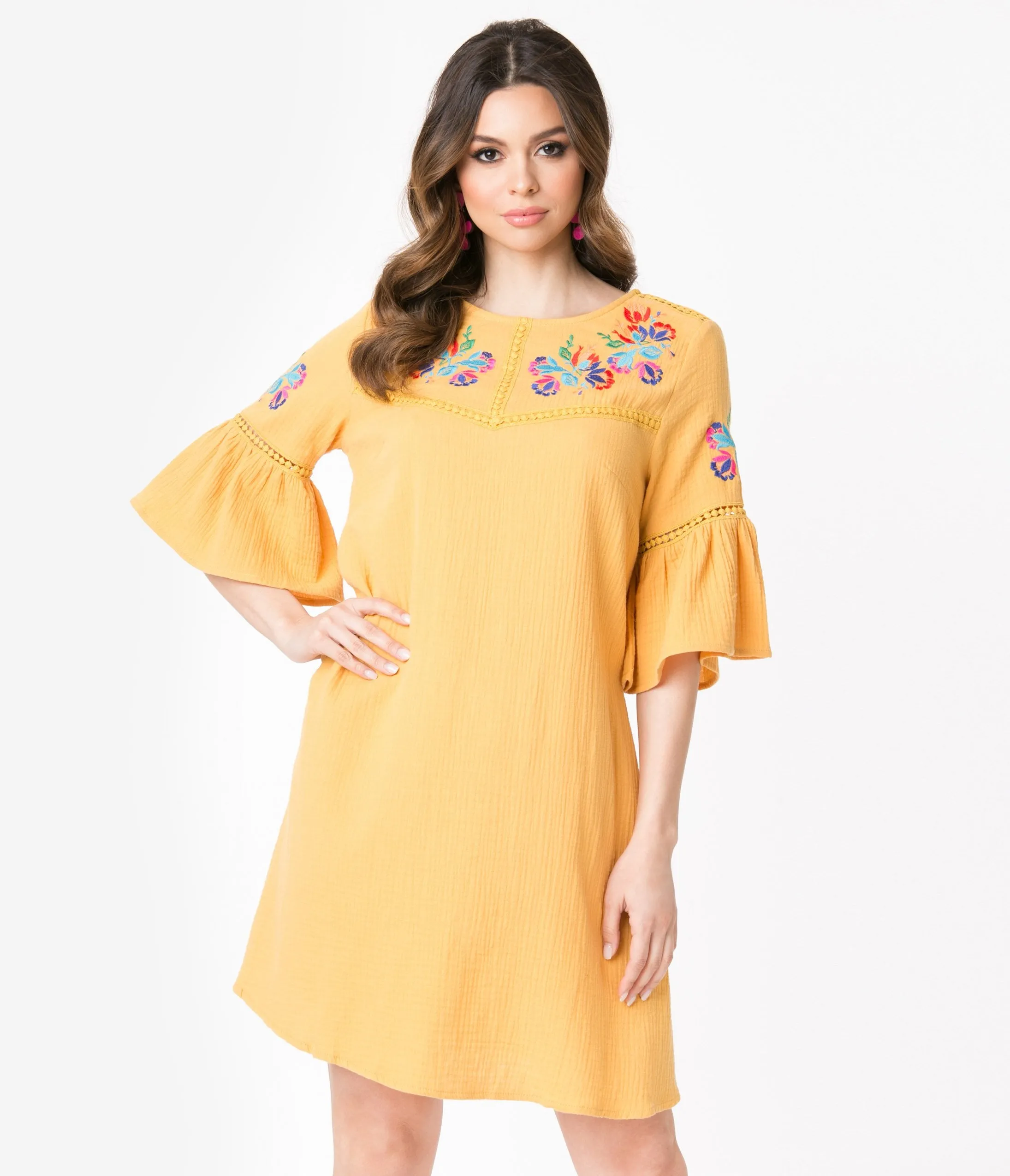 Retro Style Mustard Embroidered Tunic Dress