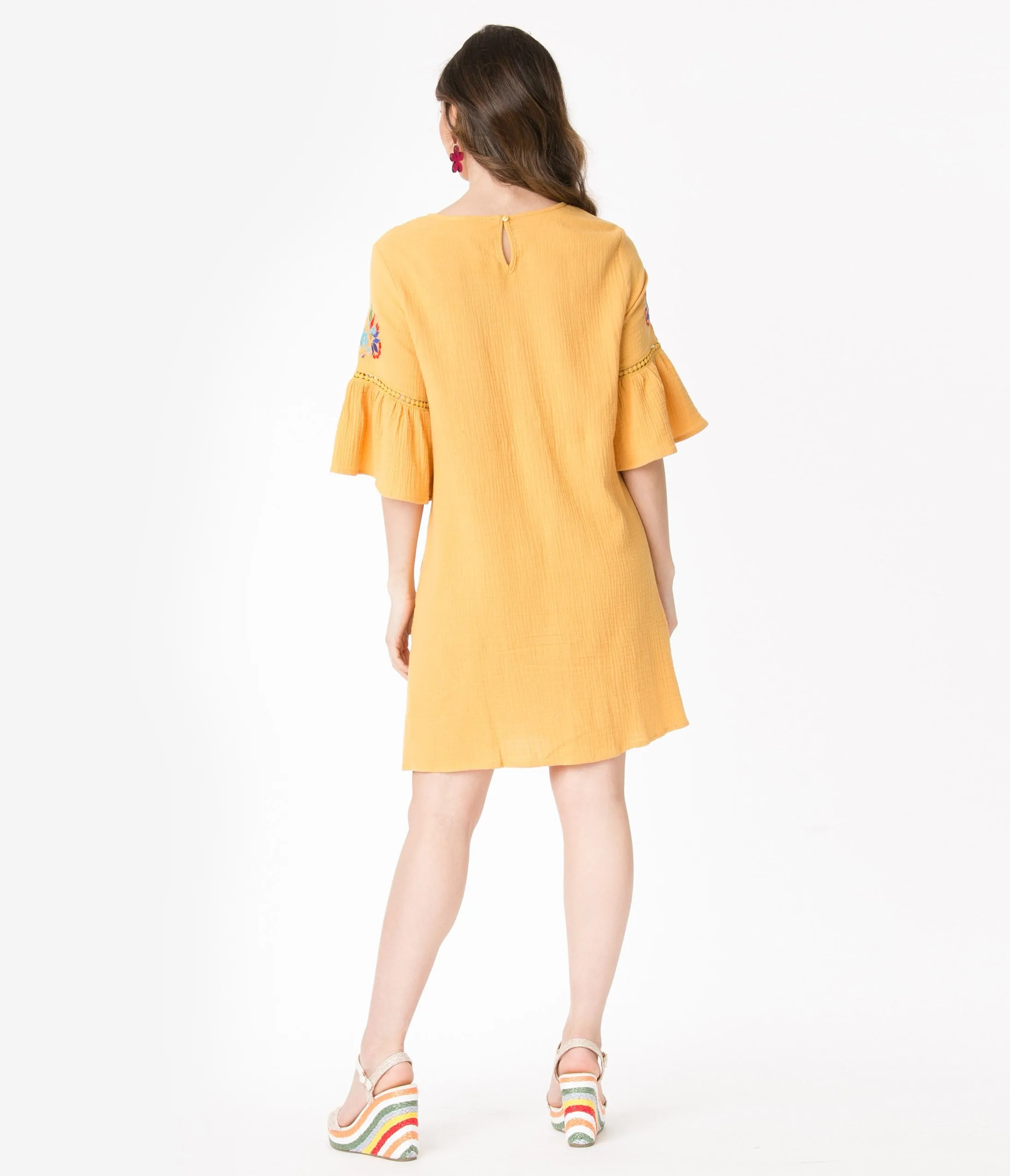 Retro Style Mustard Embroidered Tunic Dress
