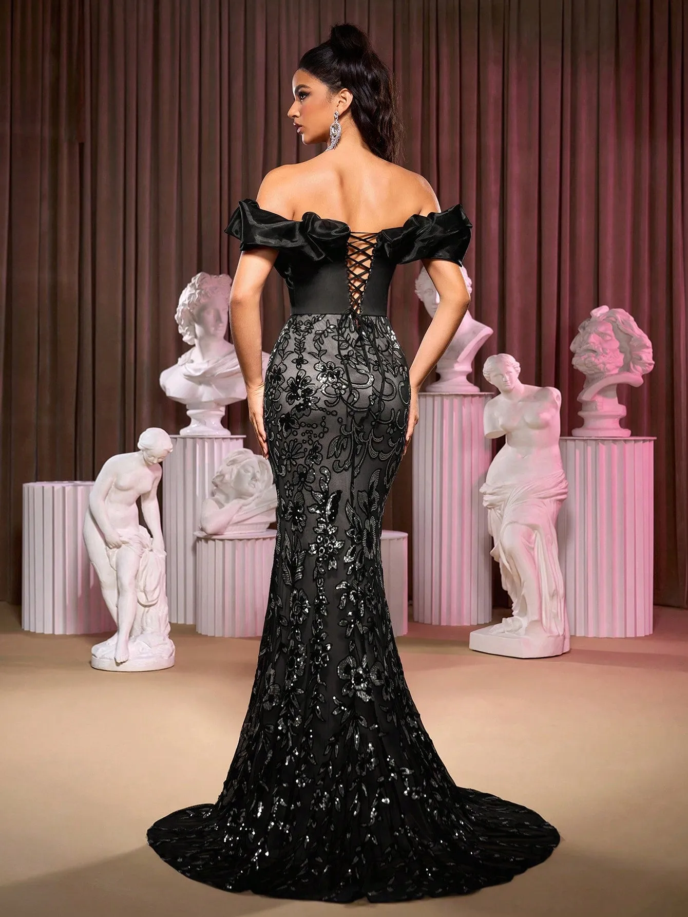 Sequin Fabric One Shoulder Bubble Texture Sleeves Herringbone Fishtail Hem Evening Dress