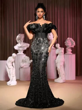 Sequin Fabric One Shoulder Bubble Texture Sleeves Herringbone Fishtail Hem Evening Dress