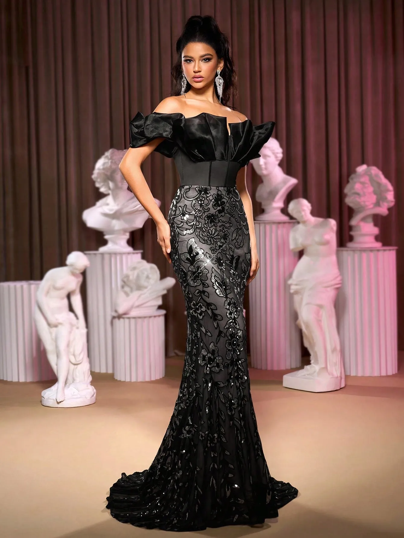 Sequin Fabric One Shoulder Bubble Texture Sleeves Herringbone Fishtail Hem Evening Dress