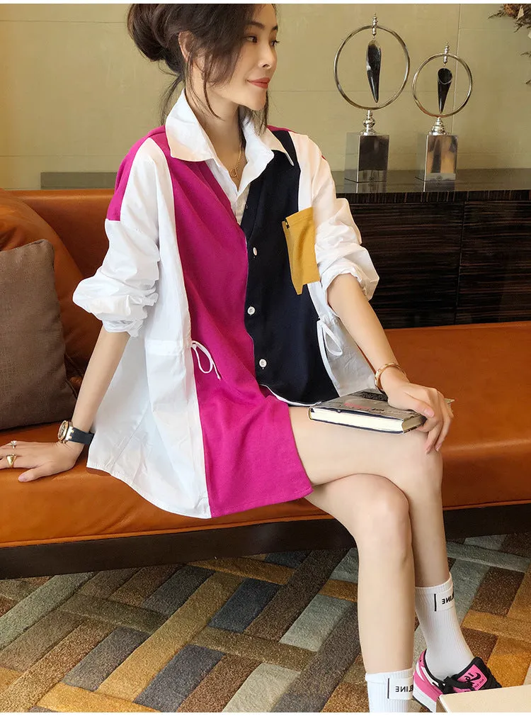 Splicing block color loose fit drawstring cardigan jacket shirt stitches irregular hem sweater for women