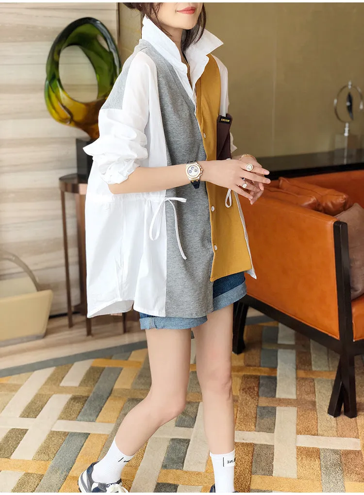 Splicing block color loose fit drawstring cardigan jacket shirt stitches irregular hem sweater for women