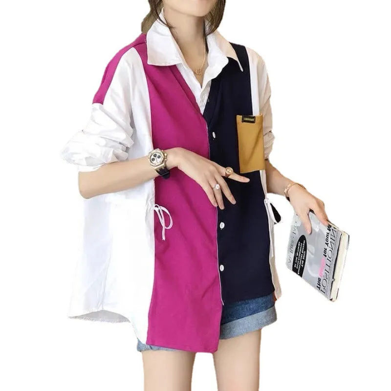 Splicing block color loose fit drawstring cardigan jacket shirt stitches irregular hem sweater for women