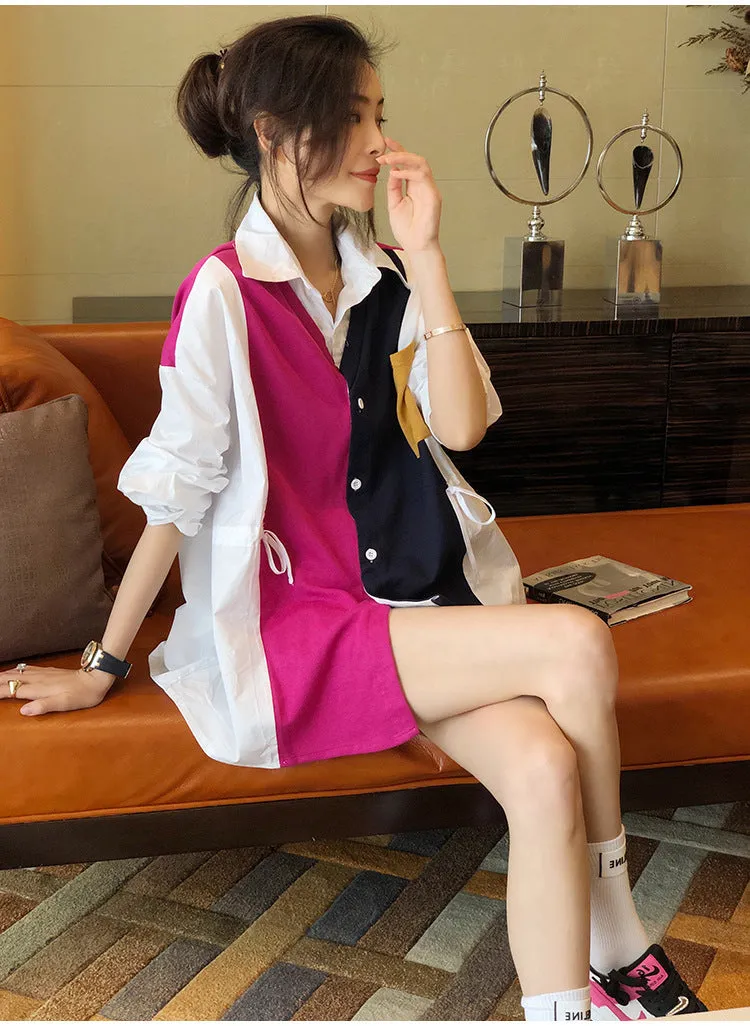 Splicing block color loose fit drawstring cardigan jacket shirt stitches irregular hem sweater for women