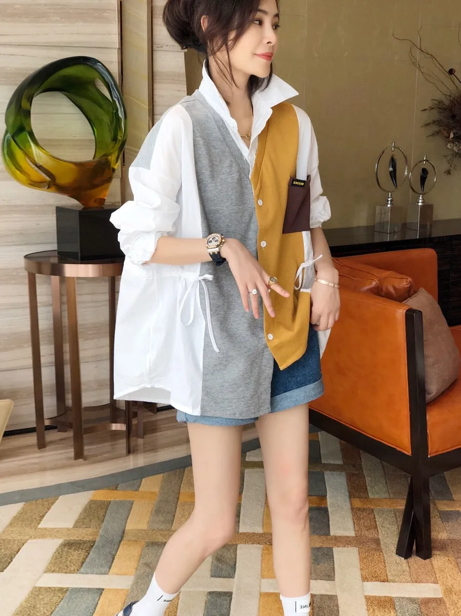 Splicing block color loose fit drawstring cardigan jacket shirt stitches irregular hem sweater for women