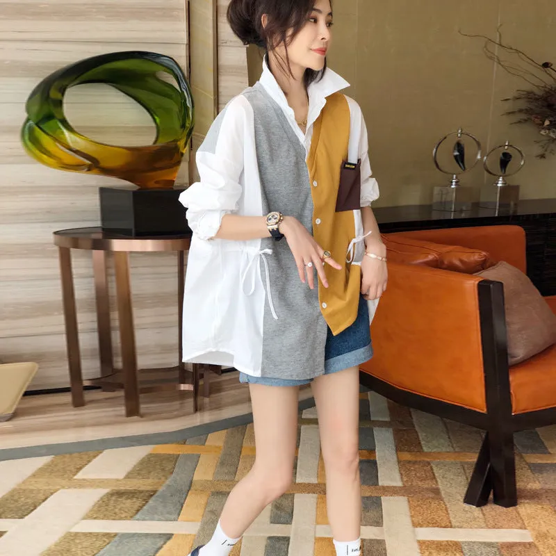 Splicing block color loose fit drawstring cardigan jacket shirt stitches irregular hem sweater for women