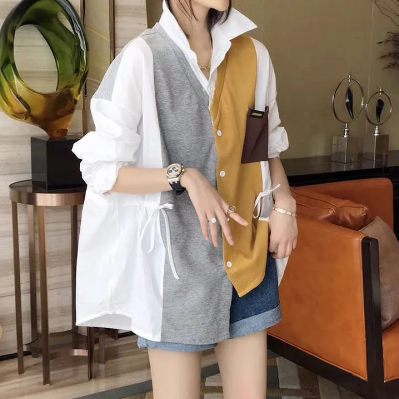Splicing block color loose fit drawstring cardigan jacket shirt stitches irregular hem sweater for women
