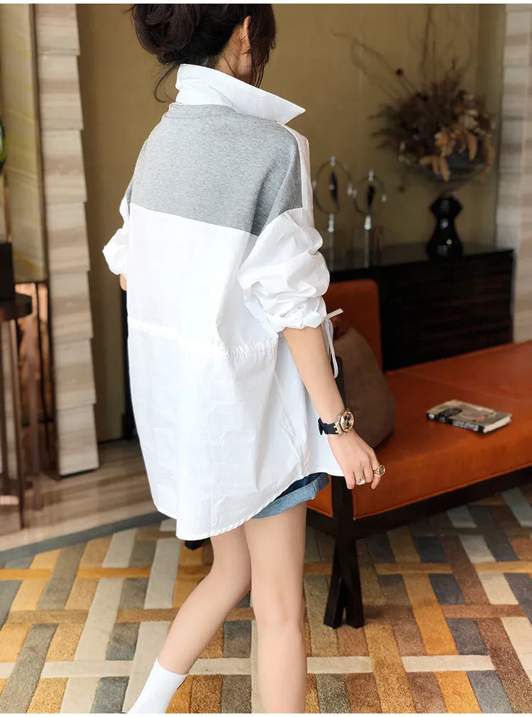 Splicing block color loose fit drawstring cardigan jacket shirt stitches irregular hem sweater for women