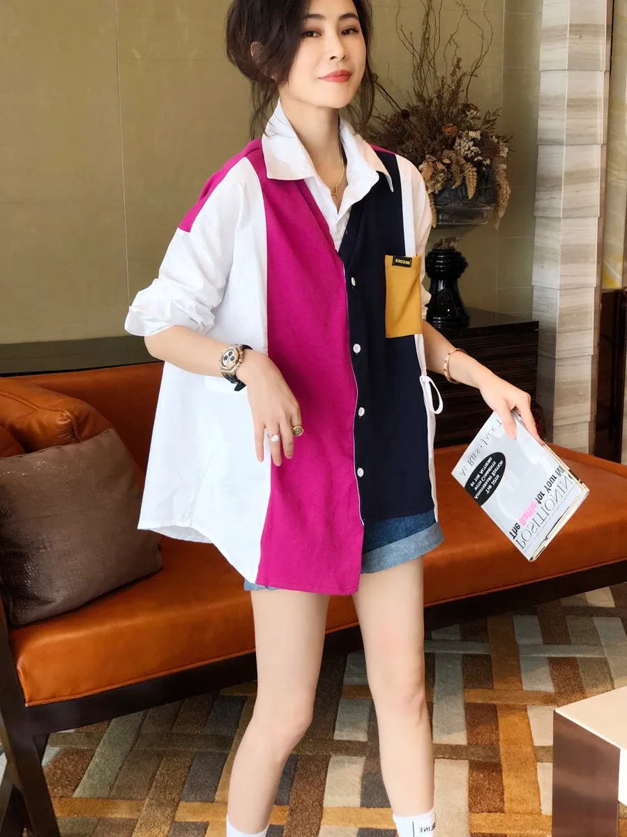 Splicing block color loose fit drawstring cardigan jacket shirt stitches irregular hem sweater for women