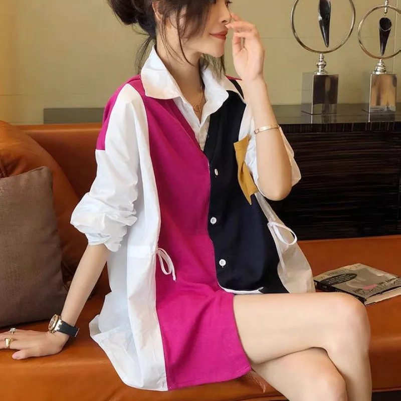 Splicing block color loose fit drawstring cardigan jacket shirt stitches irregular hem sweater for women