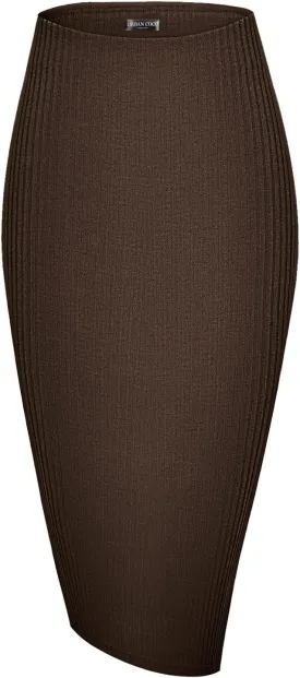 Urban CoCo Women's High Waist Stretch Ribbed Knit Pencil Skirt Midi Length with Side Slit Office Work Bodycon Style