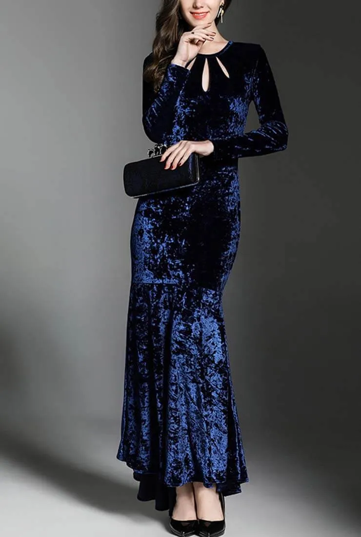 Velvet Fishtail Openwork Tight Maxi Dress