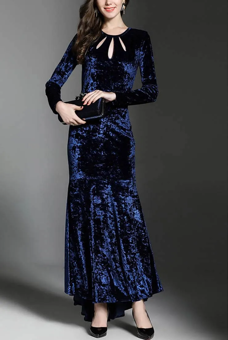 Velvet Fishtail Openwork Tight Maxi Dress