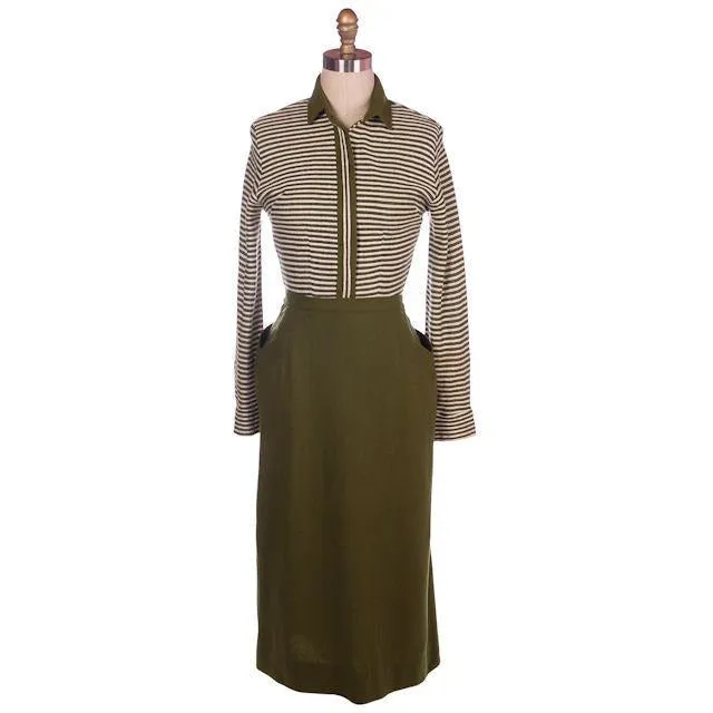Vintage Knit Top & Matching Skirt Green/White Susan Thomas 1940s New Look 35-26-44