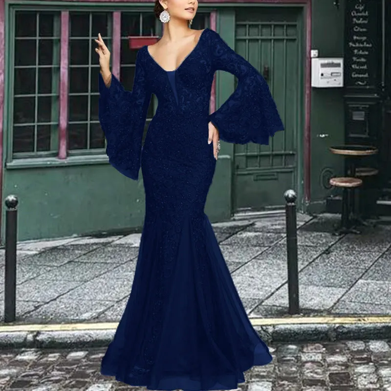 Vintage Lace Embroidery Fishtail Slim Evening Dress