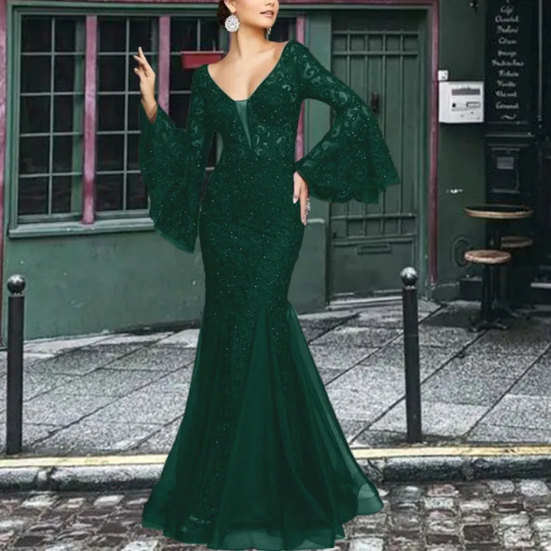 Vintage Lace Embroidery Fishtail Slim Evening Dress