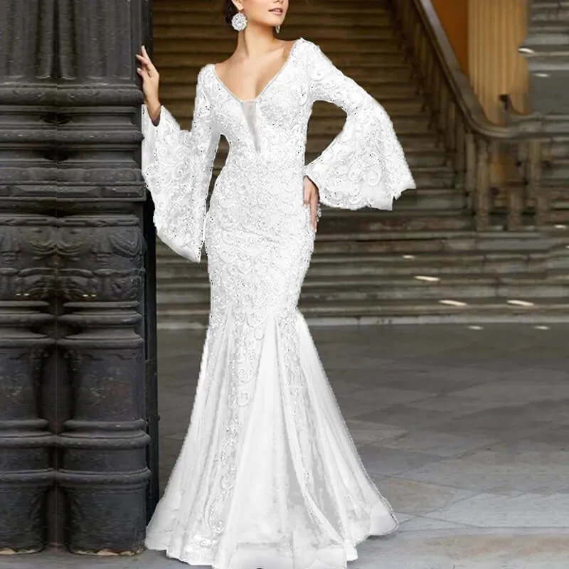 Vintage Lace Embroidery Fishtail Slim Evening Dress