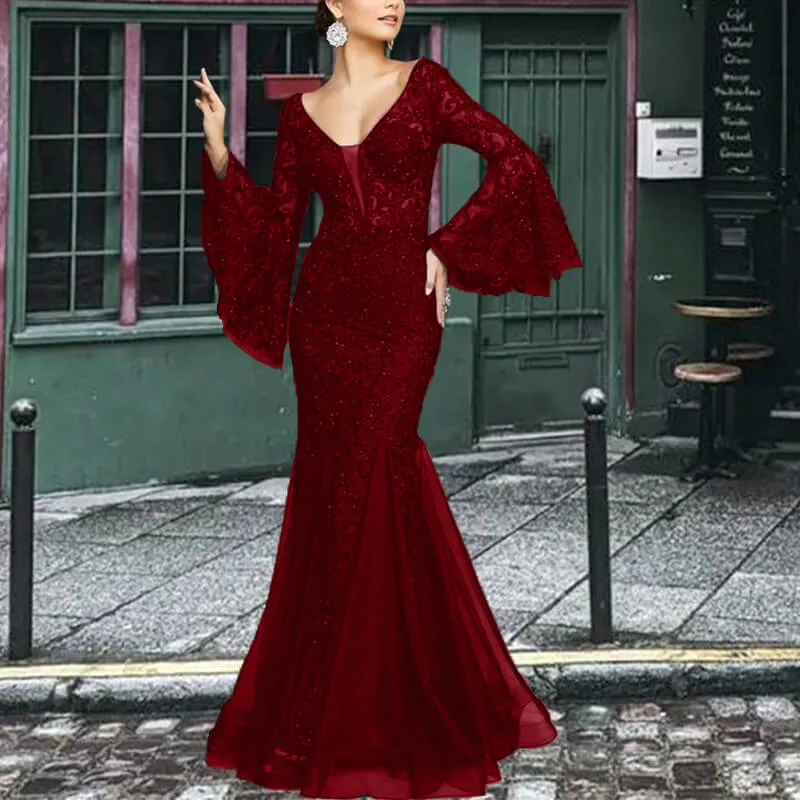 Vintage Lace Embroidery Fishtail Slim Evening Dress