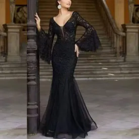 Vintage Lace Embroidery Fishtail Slim Evening Dress