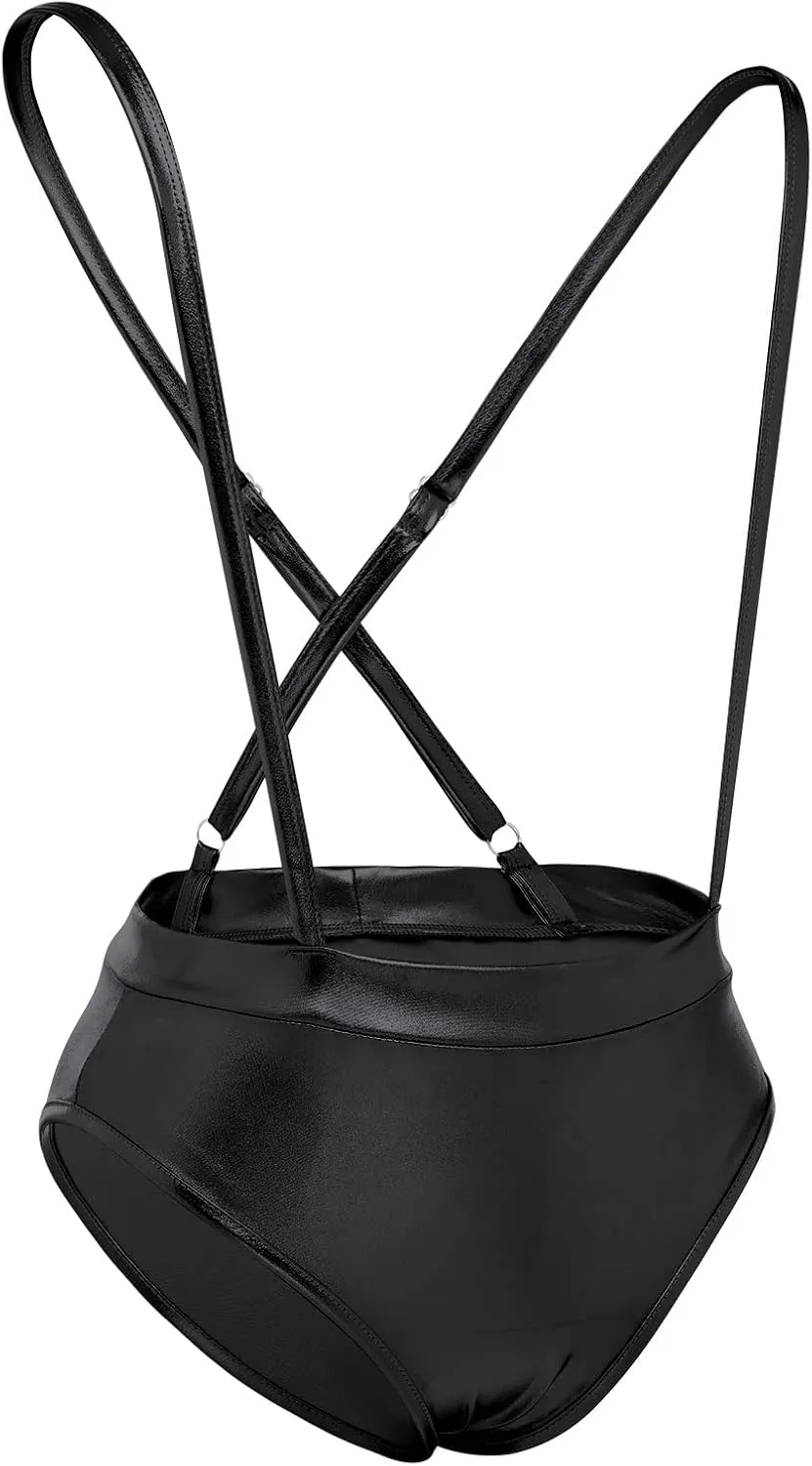 Women Shiny Metallic Bandeau Top   Suspender Hot Shorts Sexy Holographic Metallic Set Rave Outfit Sexy Bikini Clubwear