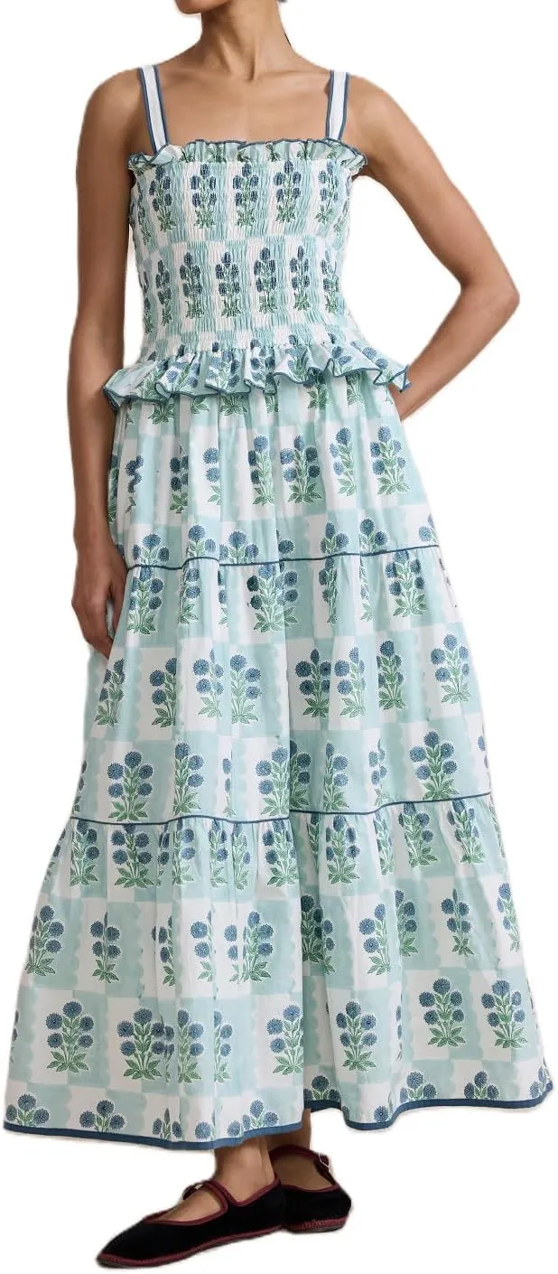 Women Tie Shoulder Boho Floral Maxi Dress Y2k Spaghetti Strap Flowy Long Dresses Summer Tiered Beach Sundress