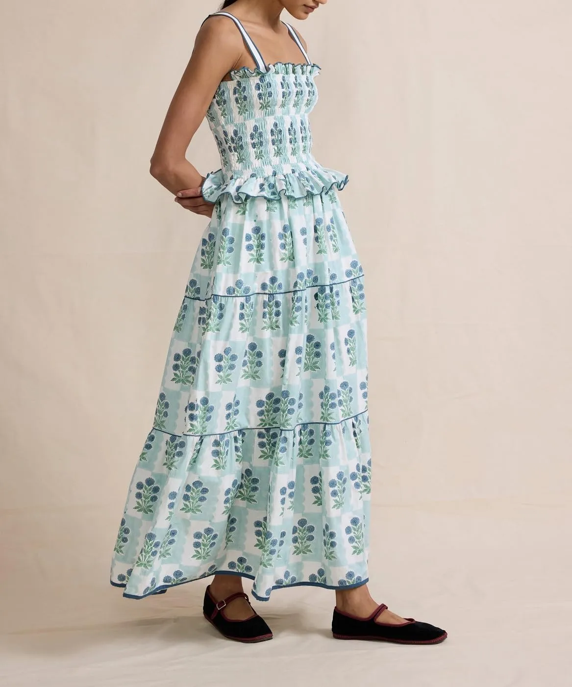 Women Tie Shoulder Boho Floral Maxi Dress Y2k Spaghetti Strap Flowy Long Dresses Summer Tiered Beach Sundress