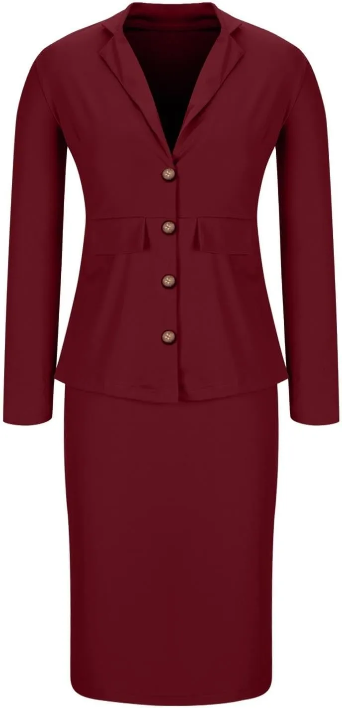 Women's Business Suit 2 Piece Long Sleeve Skirt Suit Set Lady Blazer Office Work Solid Slim Fit Jacket Outfits