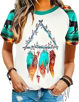 Women's Southwest Tribe Printed T-Shirt Boho Style Casual Round Neck Top Aztec Geometric Bull Head Pattern Shirt