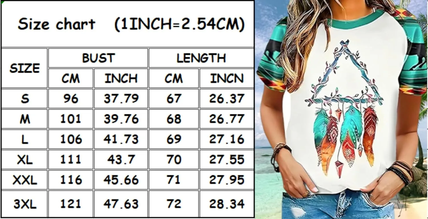 Women's Southwest Tribe Printed T-Shirt Boho Style Casual Round Neck Top Aztec Geometric Bull Head Pattern Shirt