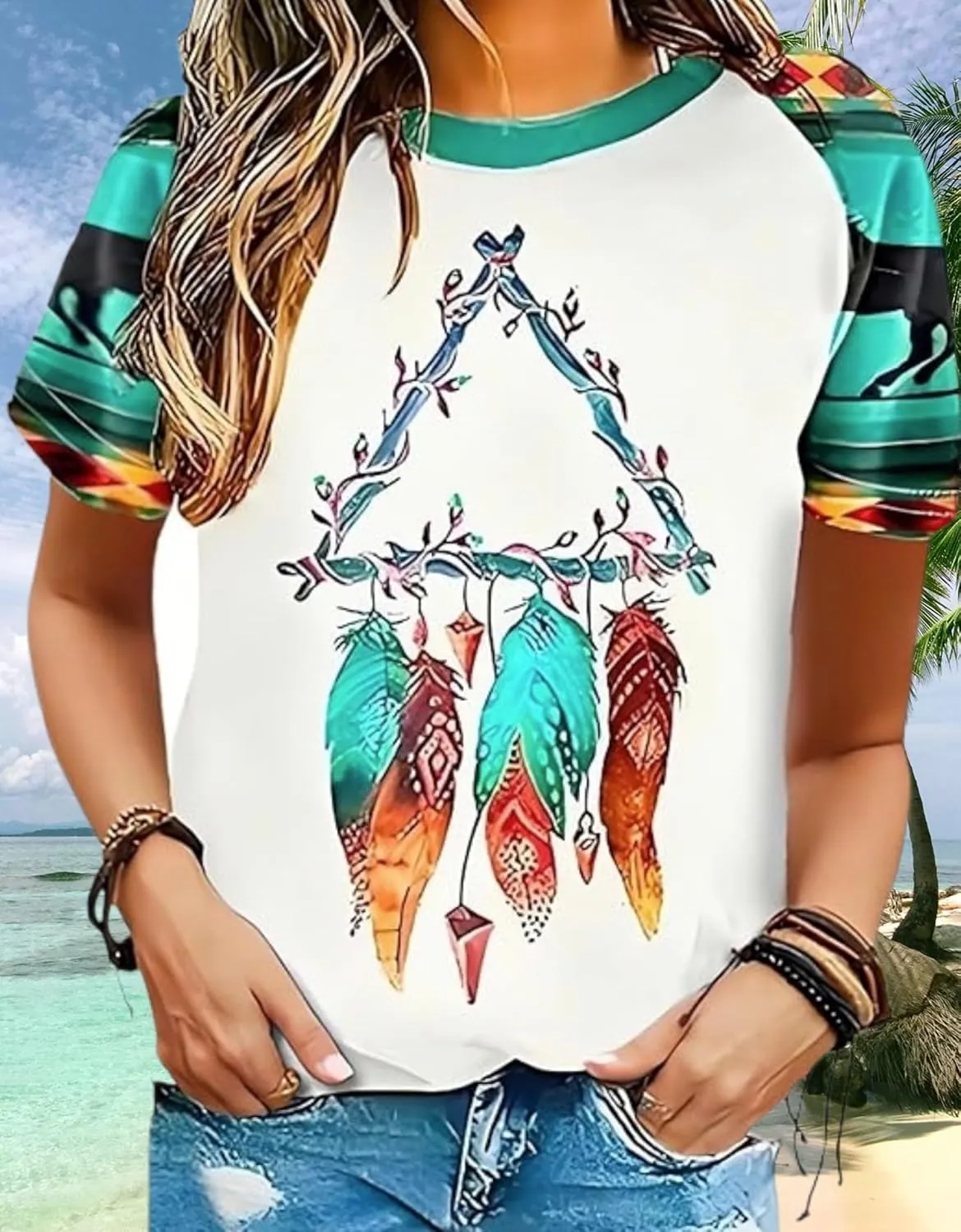 Women's Southwest Tribe Printed T-Shirt Boho Style Casual Round Neck Top Aztec Geometric Bull Head Pattern Shirt