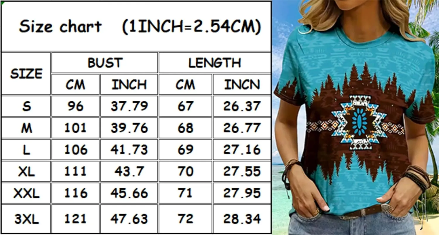 Women's Southwest Tribe Printed T-Shirt Boho Style Casual Round Neck Top Aztec Geometric Bull Head Pattern Shirt