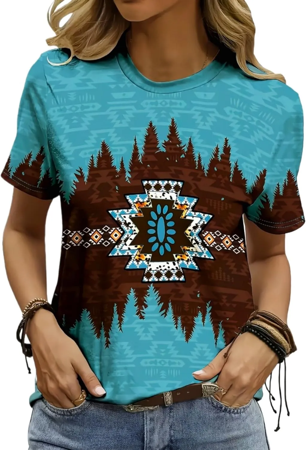 Women's Southwest Tribe Printed T-Shirt Boho Style Casual Round Neck Top Aztec Geometric Bull Head Pattern Shirt