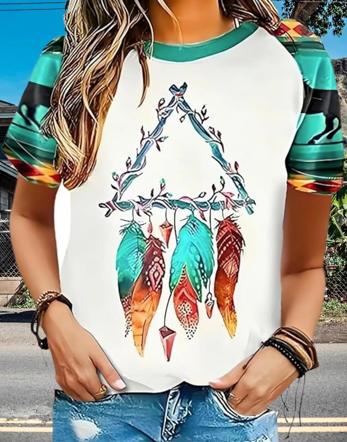 Women's Southwest Tribe Printed T-Shirt Boho Style Casual Round Neck Top Aztec Geometric Bull Head Pattern Shirt