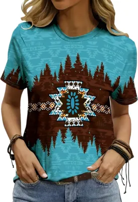 Women's Southwest Tribe Printed T-Shirt Boho Style Casual Round Neck Top Aztec Geometric Bull Head Pattern Shirt