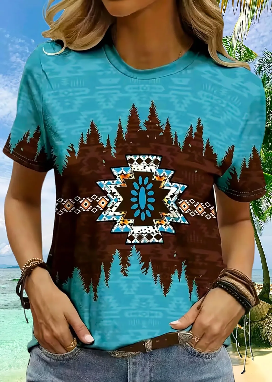 Women's Southwest Tribe Printed T-Shirt Boho Style Casual Round Neck Top Aztec Geometric Bull Head Pattern Shirt