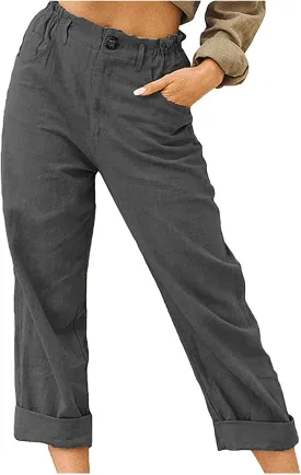 XUNRYAN Capri Pants Women Casual Summer Elastic High Waist Linen Pants Loose Wide Leg Cargo Pants Crop Trouser with Pockets