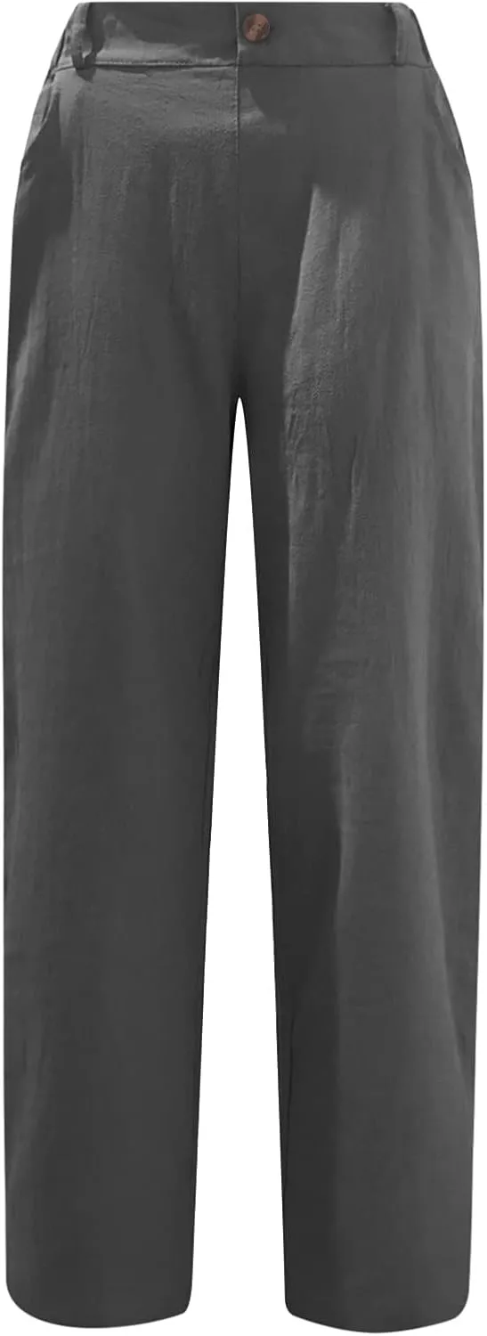 XUNRYAN Capri Pants Women Casual Summer Elastic High Waist Linen Pants Loose Wide Leg Cargo Pants Crop Trouser with Pockets