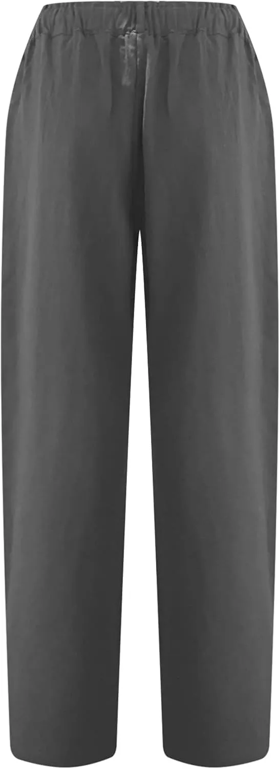 XUNRYAN Capri Pants Women Casual Summer Elastic High Waist Linen Pants Loose Wide Leg Cargo Pants Crop Trouser with Pockets