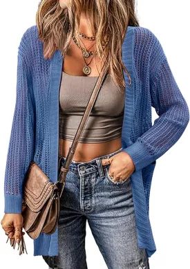 Zeagoo Women 2025 Lightweight Crochet Cardigan Long Sleeve Open Front Knit Sweater Summer Kimono Cover Up with Pockets
